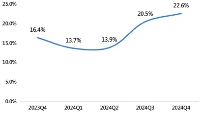 （圖：中芯國際毛利率; 資料來源：公司各季度報告[5]，2023Q4~2024Q4）